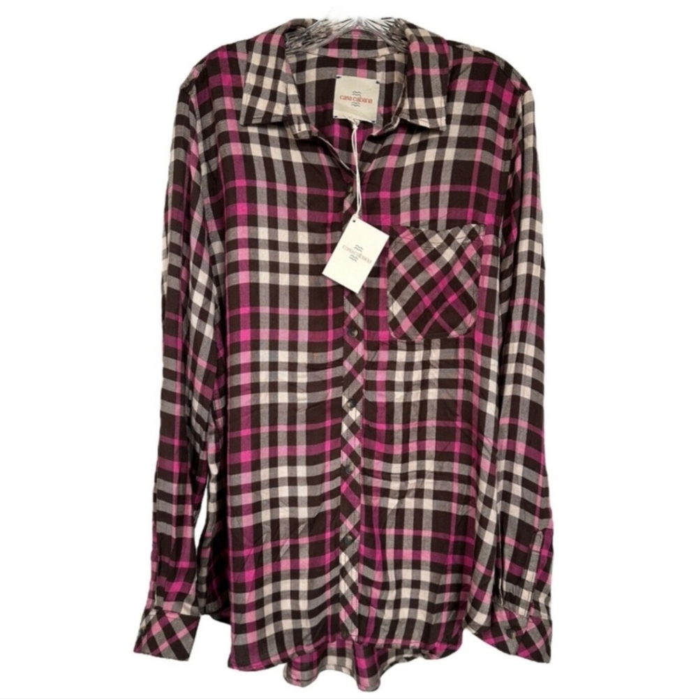 NWT Casa Cabana Women's Plaid Button Down Shirt M/XXL Brown Raspberry